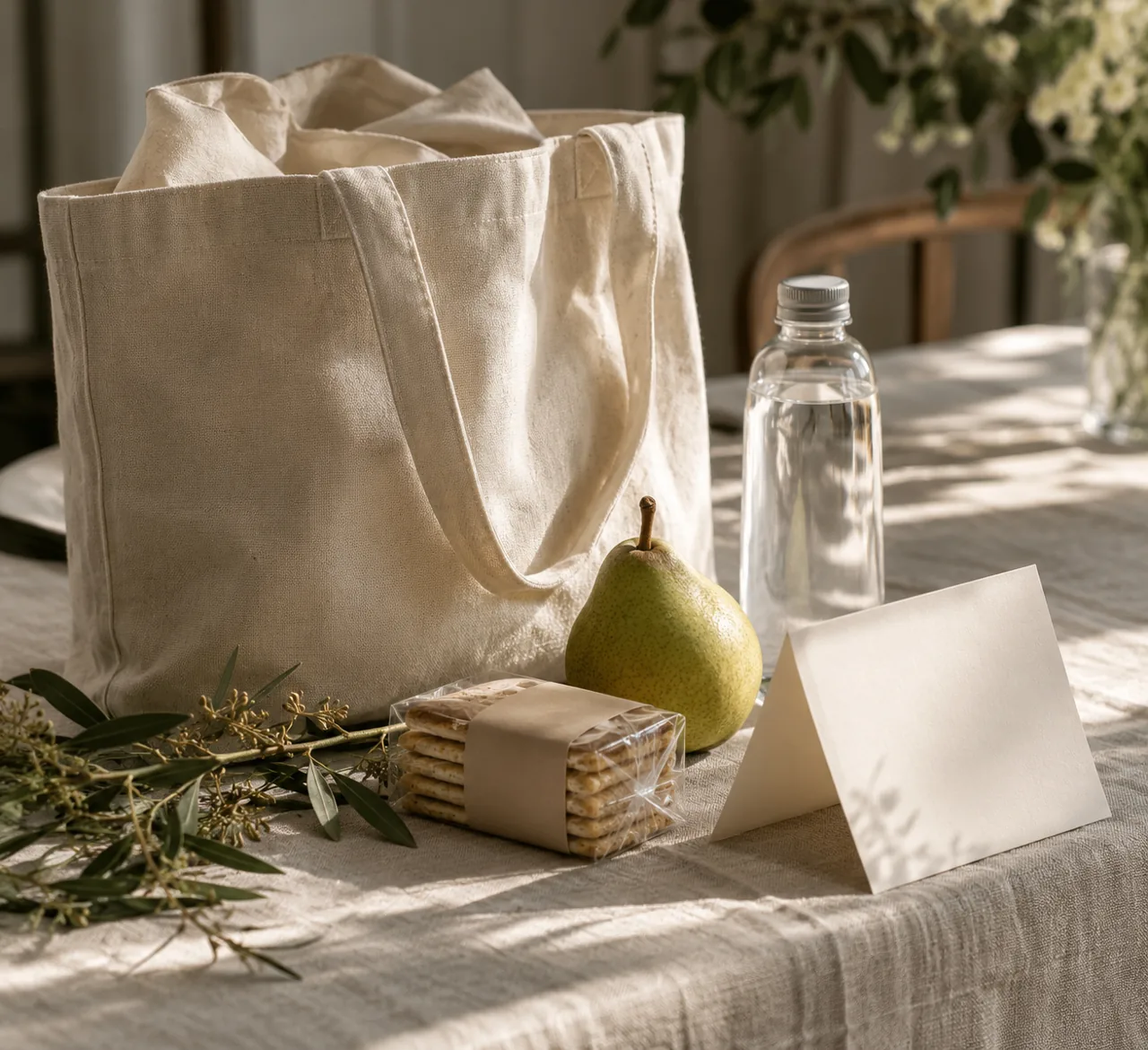 Canvas welcome bag with a pear, sealed water and a printed insert