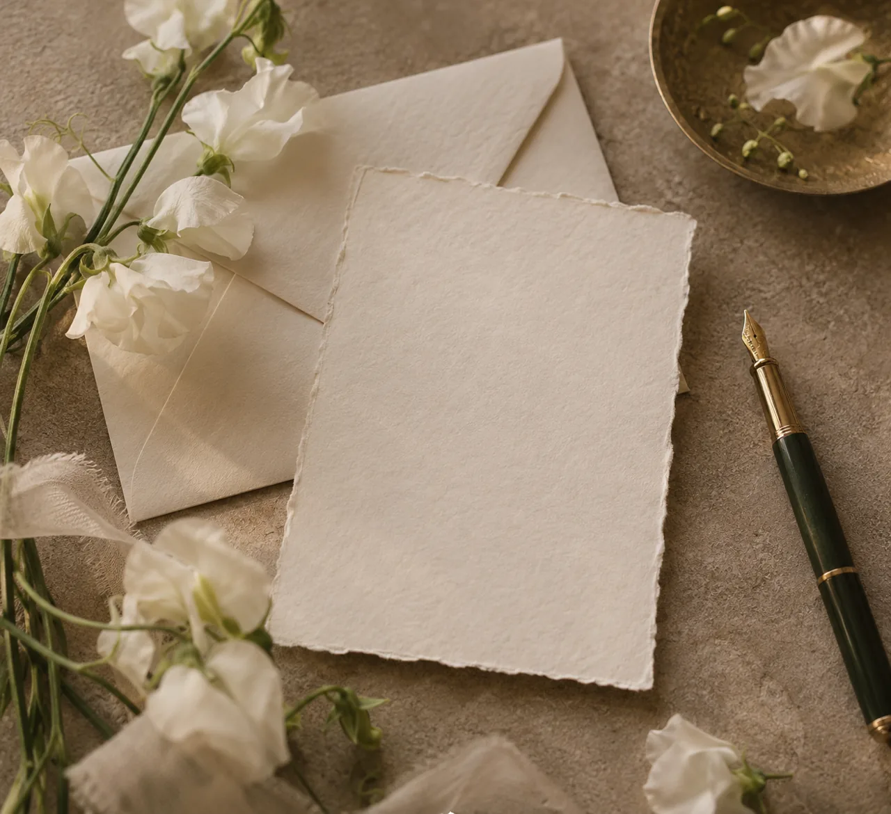 Blank deckle-edged card and envelope beside white flowers and a pen