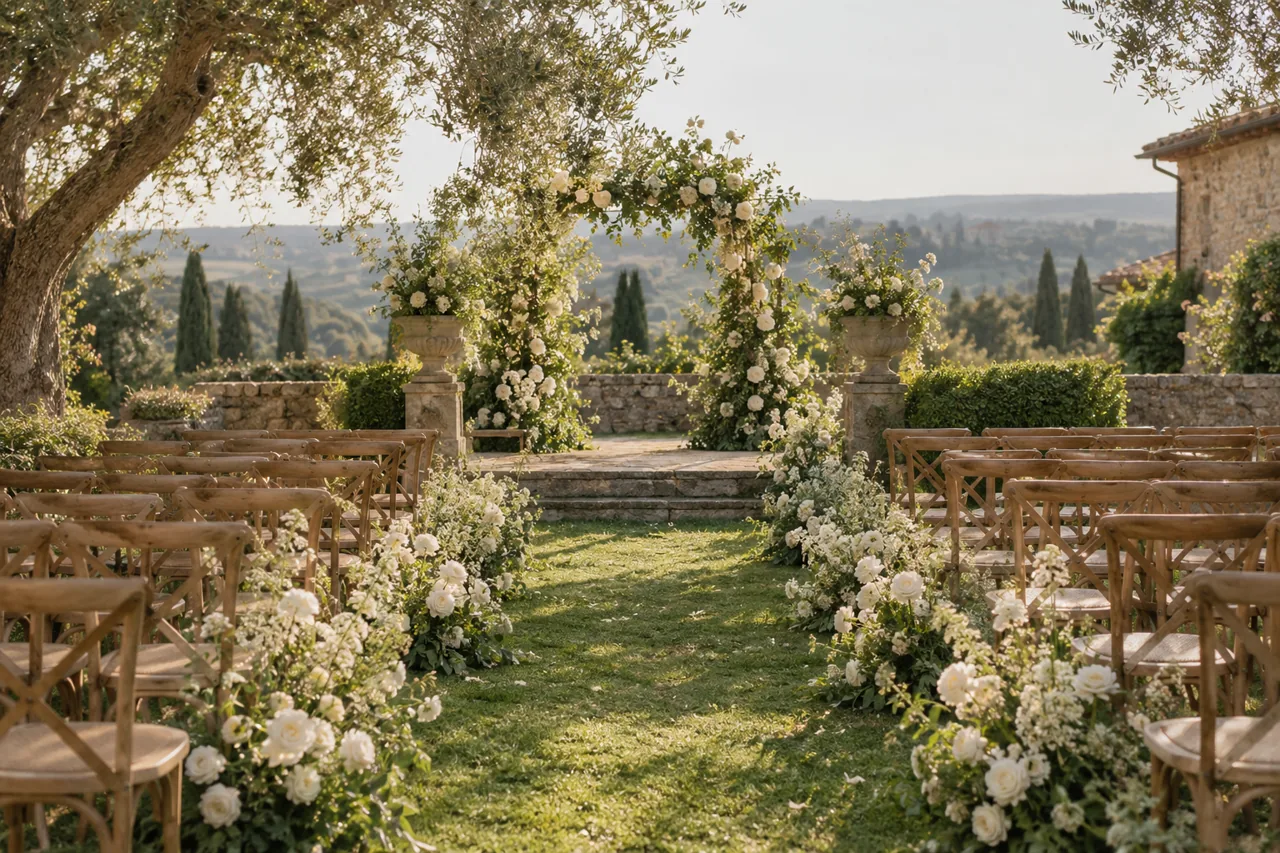 Garden ceremony aisle framed by white flowers and wooden chairs