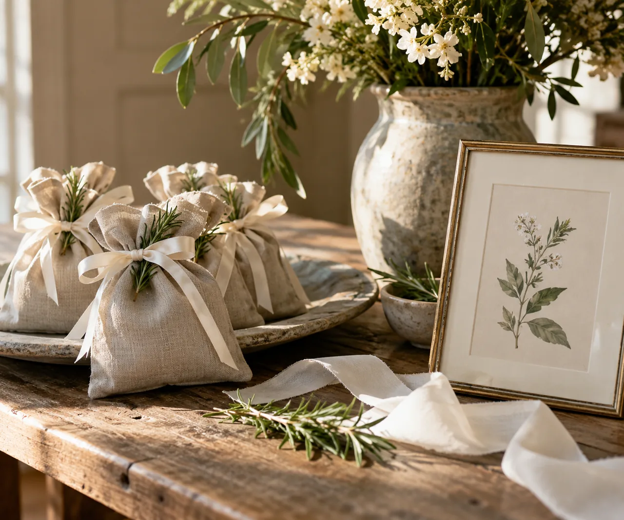 Linen favor pouches beside a framed botanical illustration
