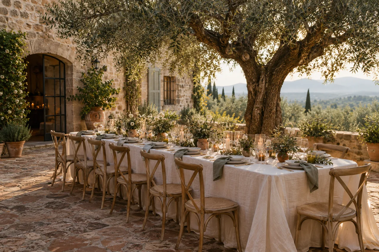 Small wedding dinner table beneath an olive tree in a courtyard