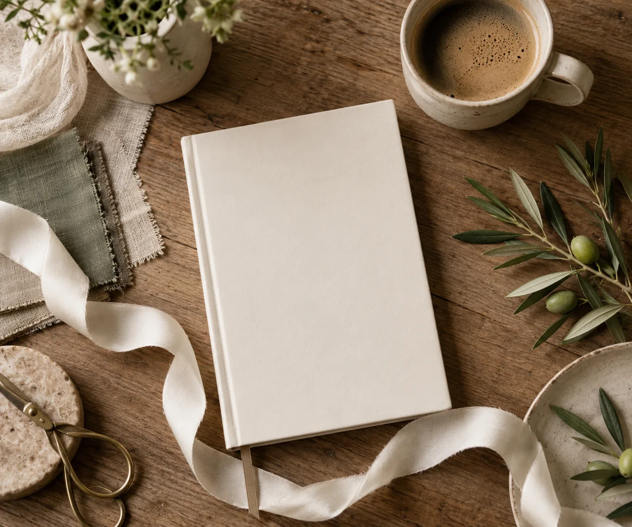 Blank planning notebook, linen swatches, ribbon and coffee on an oak desk
