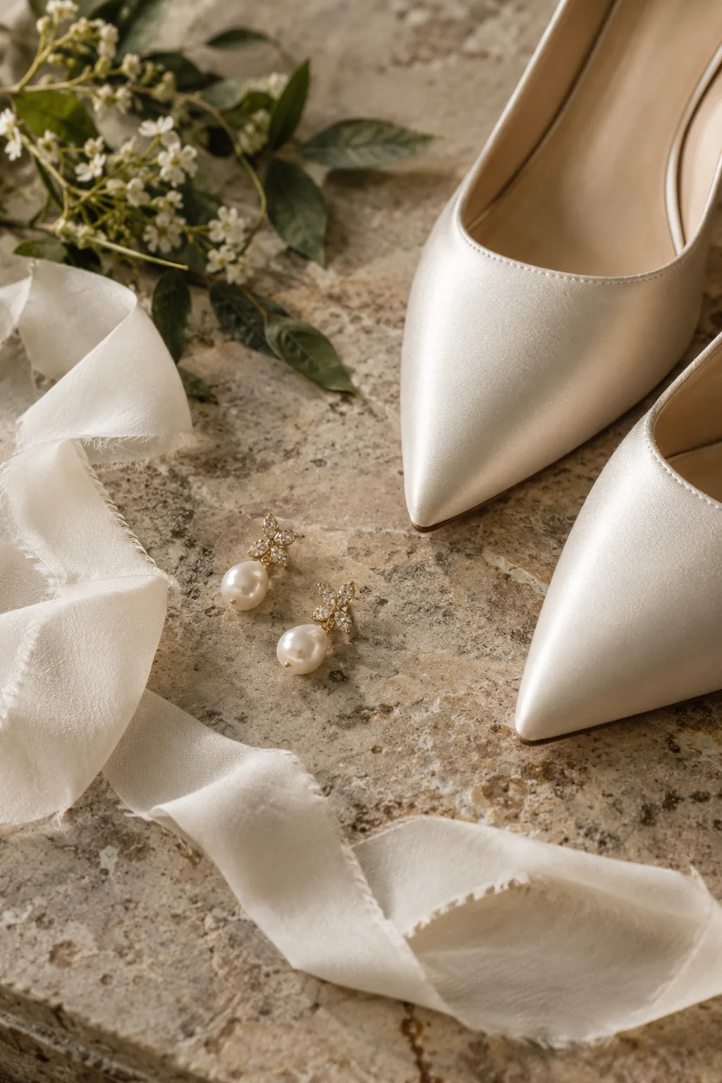Pearl earrings and ivory satin bridal shoes on warm stone
