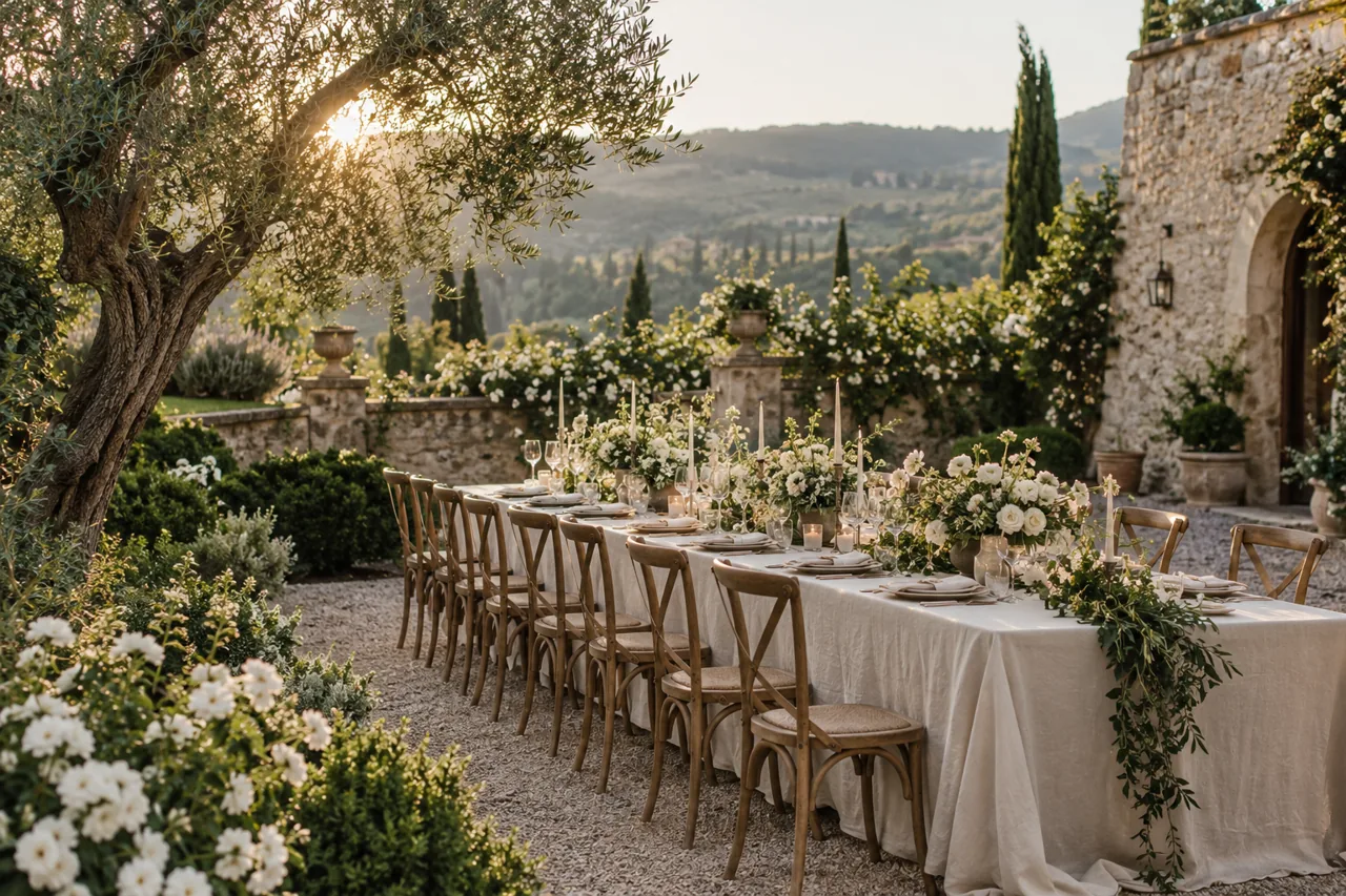 Ivory wedding dinner table in a sunlit stone garden with olive trees