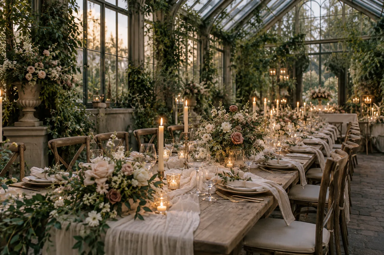 Candlelit reception table inside a greenhouse with sage foliage